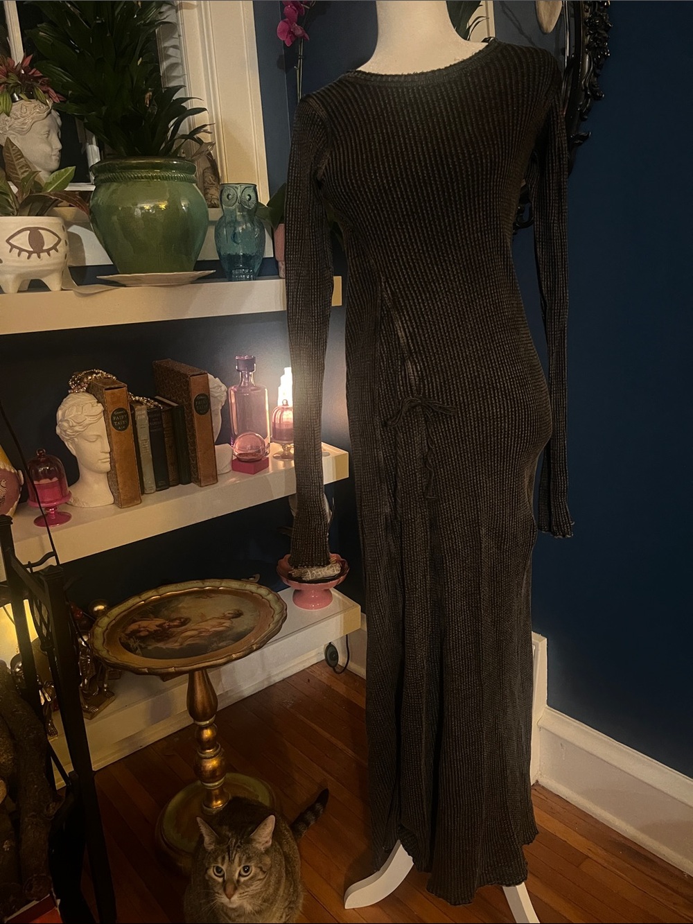 Free People FP One Black Waffle Knit Maxi Dress Side Ruched Tie Long Sleeve Boho